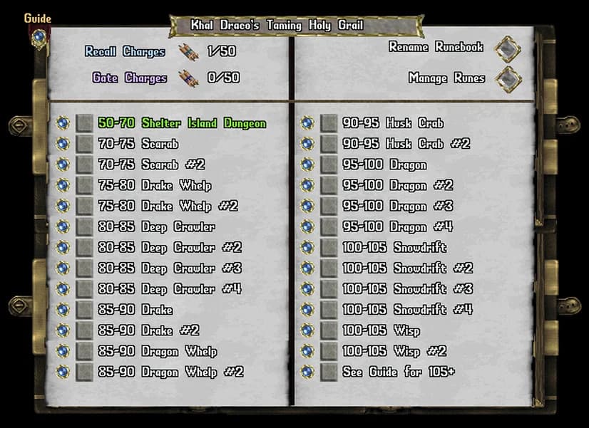Khal Draco's Taming Holy Grail runetome, listing runes from 50-70 Shelter Island Dungeon to 100-105 Wisp